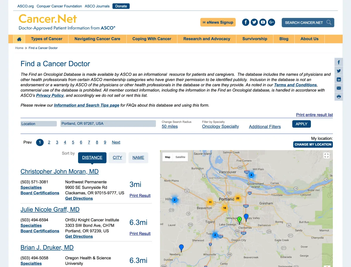 Cancer.net find a doctor page